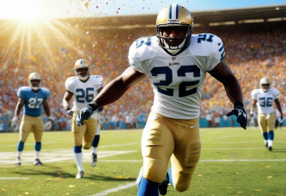 A dynamic scene capturing Reggie Bush in action on a vibrant football field, demonstrating joy and determination. Include cheering fans in the background, highlighting moments of success and celebration. Add elements of motion like flying confetti and a glowing sun to represent ecstatic success. Emphasize bright colors to evoke a sense of happiness and triumph. super-realistic. vibrant colors. 3D.