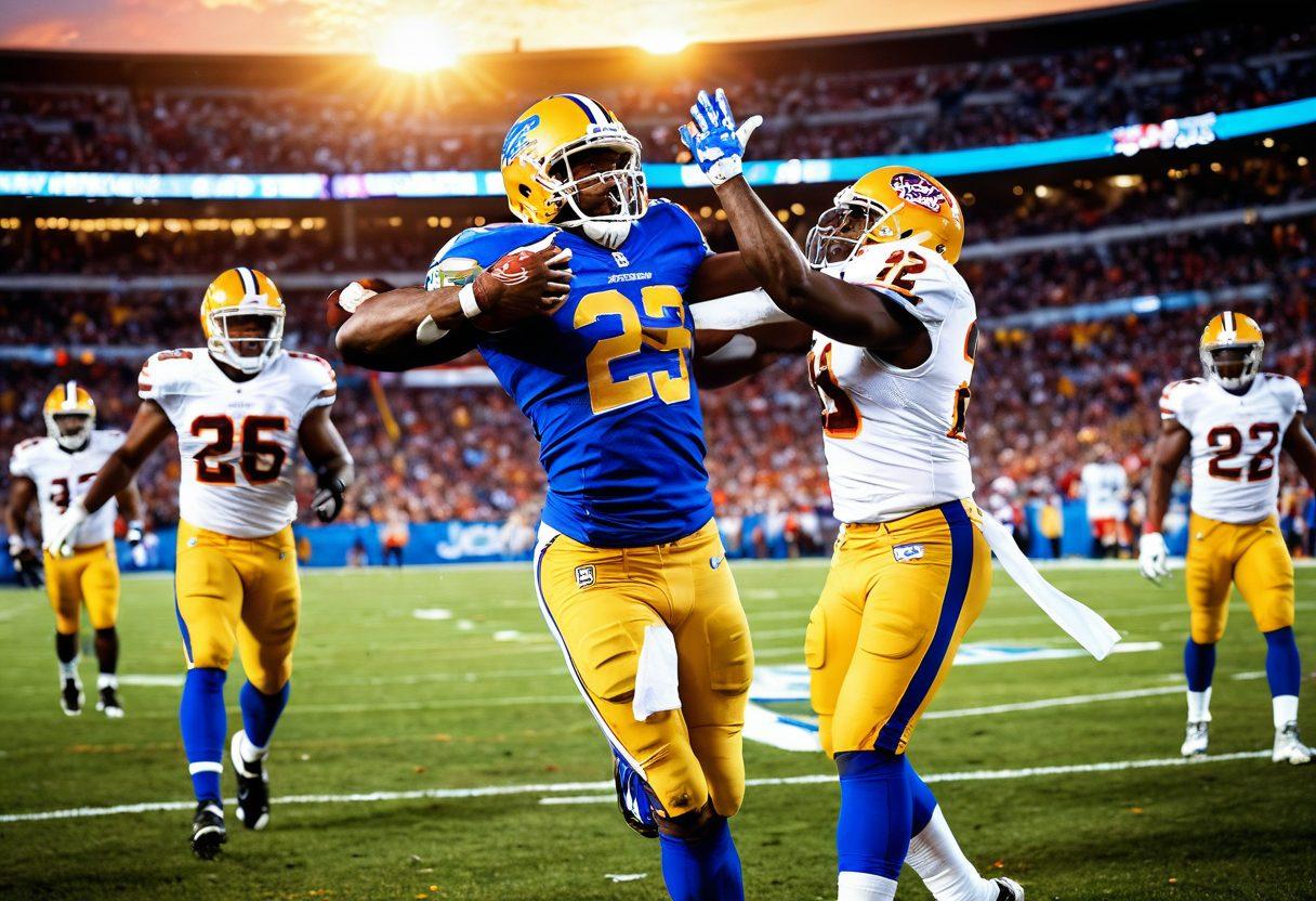 A dynamic scene capturing Reggie Bush in mid-action on a football field, joyfully celebrating a touchdown with teammates in vibrant jerseys. The background features a cheering crowd with colorful banners and confetti flying through the air. A glowing sun sets in the distance, casting a warm light on the players' ecstatic expressions. super-realistic. vibrant colors. sports photography.