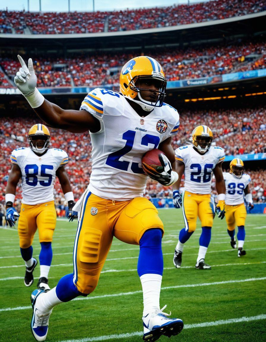 A dynamic scene capturing Reggie Bush in action on the football field, celebrating a touchdown with joyful teammates. The background features a packed stadium, vibrant banners, and enthusiastic fans holding signs of support. Incorporate elements of sportsmanship, like a team huddle or high-fives. Use bright, cheerful colors to convey a sense of positivity and legacy. super-realistic. vibrant colors. stadium lighting.